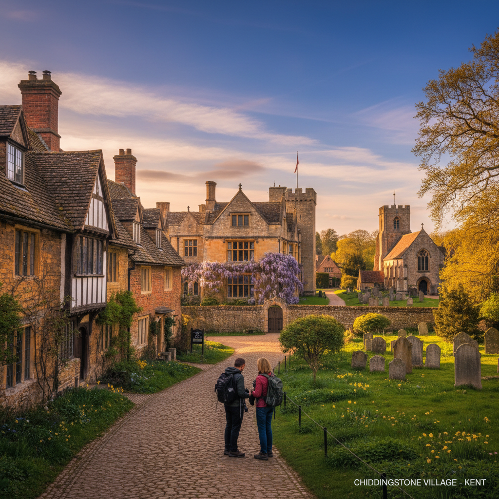 Chiddingstone Village with Tudor buildings and cobbled streets in England