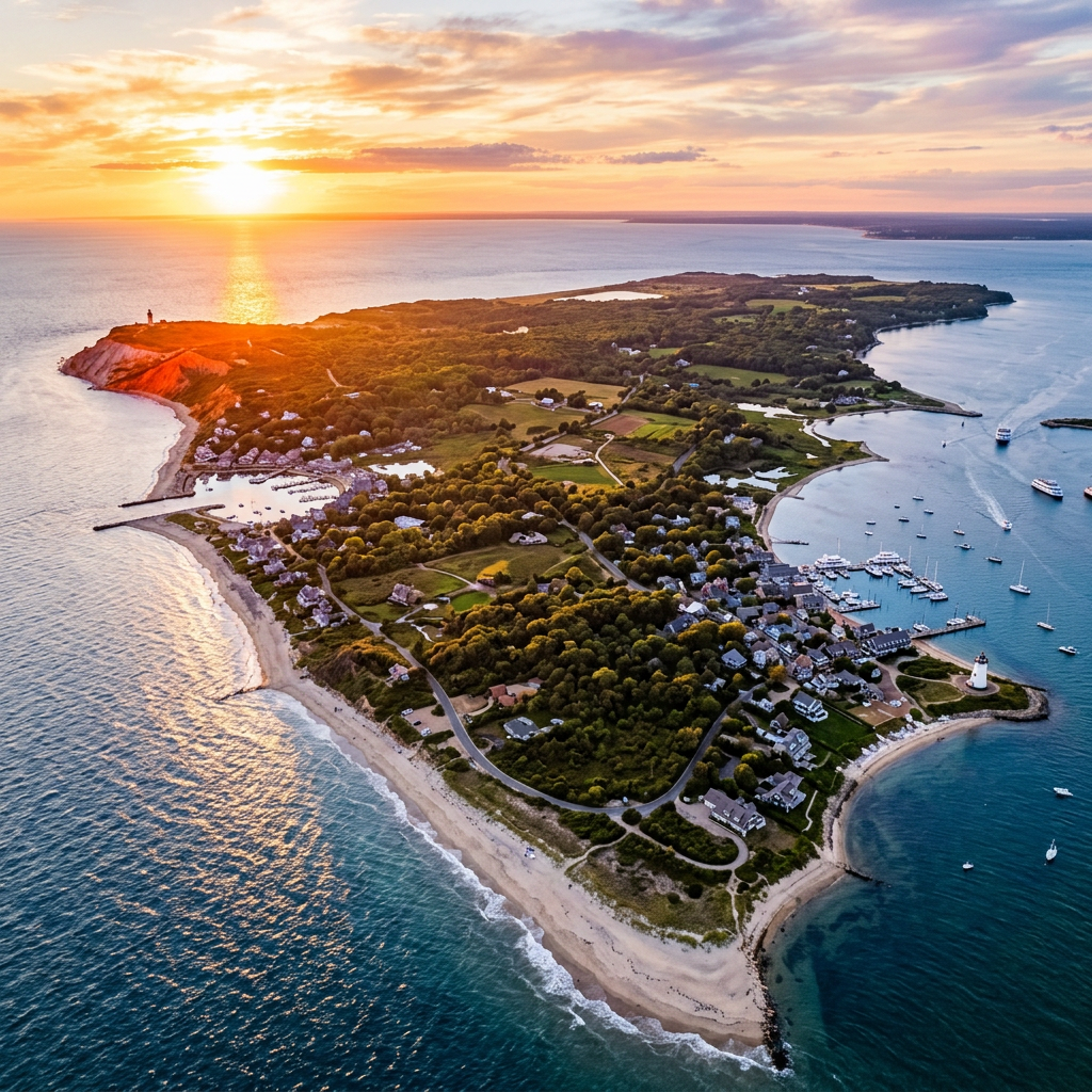 A scenic view of Martha's Vineyard coastline with travelers enjoying the beach