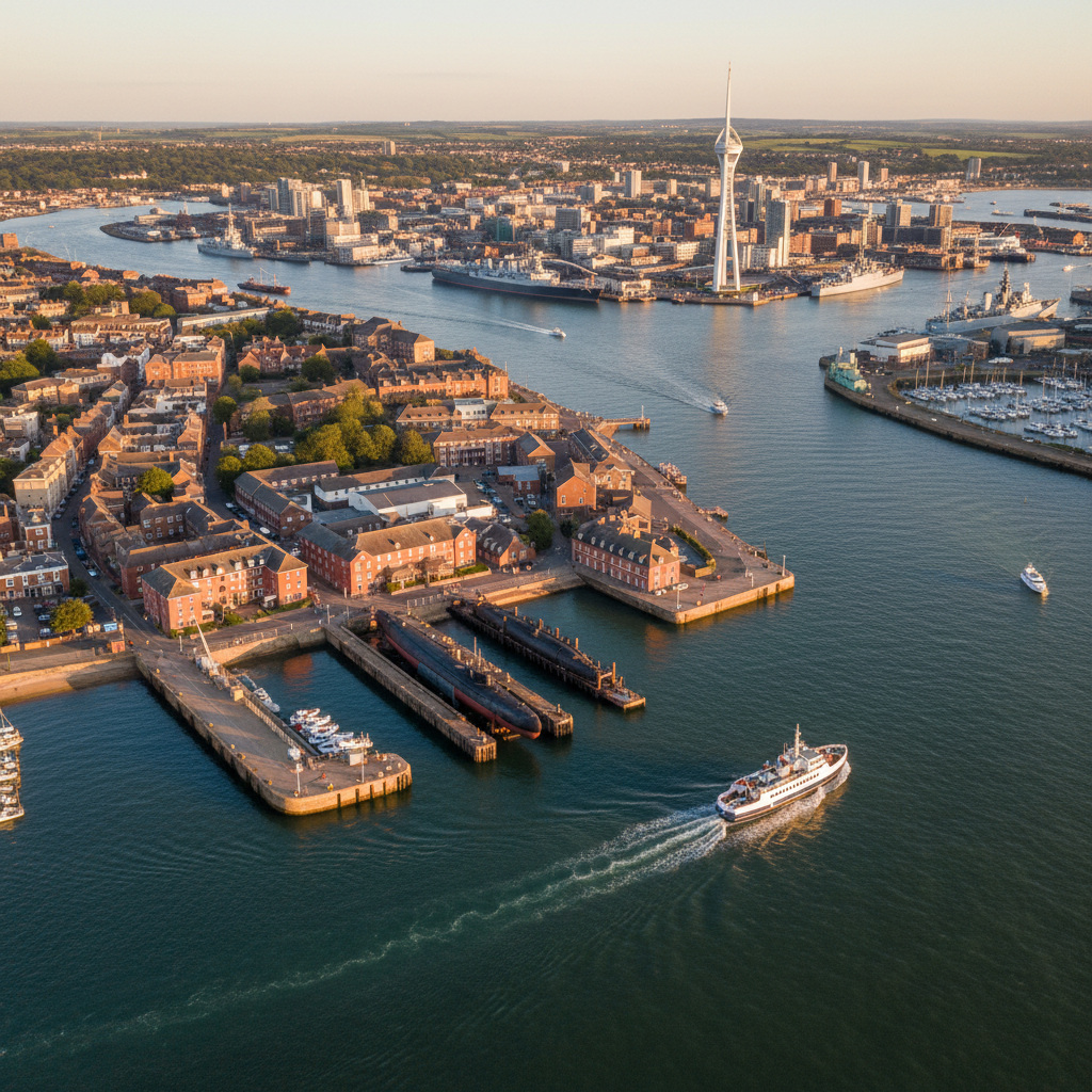 Aerial view of Gosport, Hampshire, golden hour light over the harbour town and Portsmouth Harbour