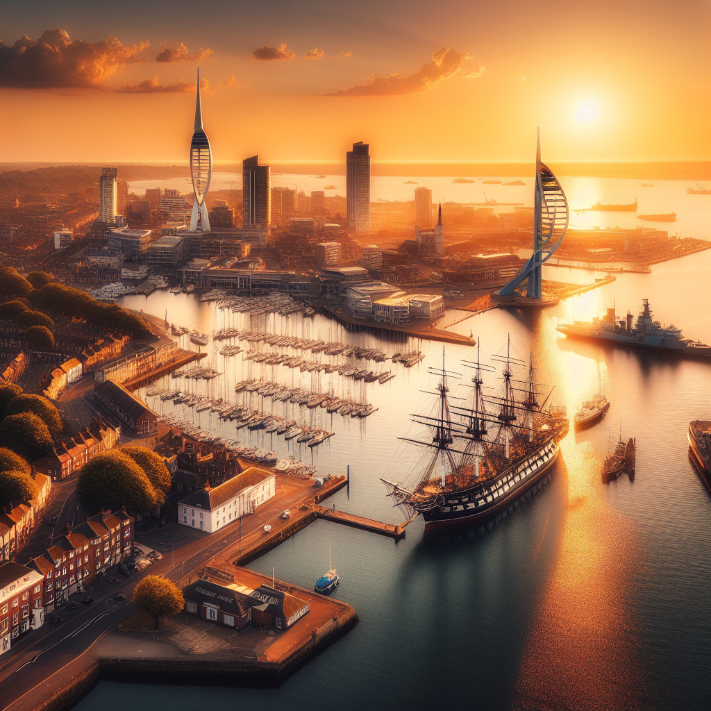 A scenic view of Portsmouth's historic waterfront and attractions