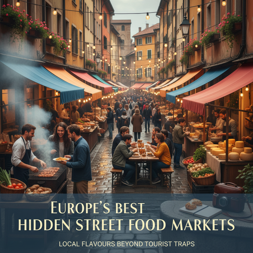 Vibrant street food market stalls in Europe, showcasing fresh local dishes and flavors in a bustling setting.
