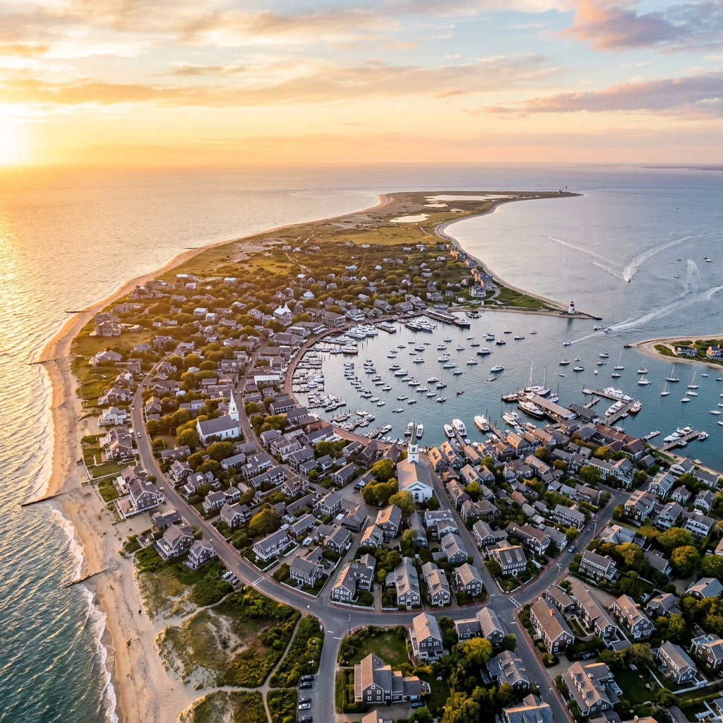 Beautiful view of Nantucket beaches and historic landmarks