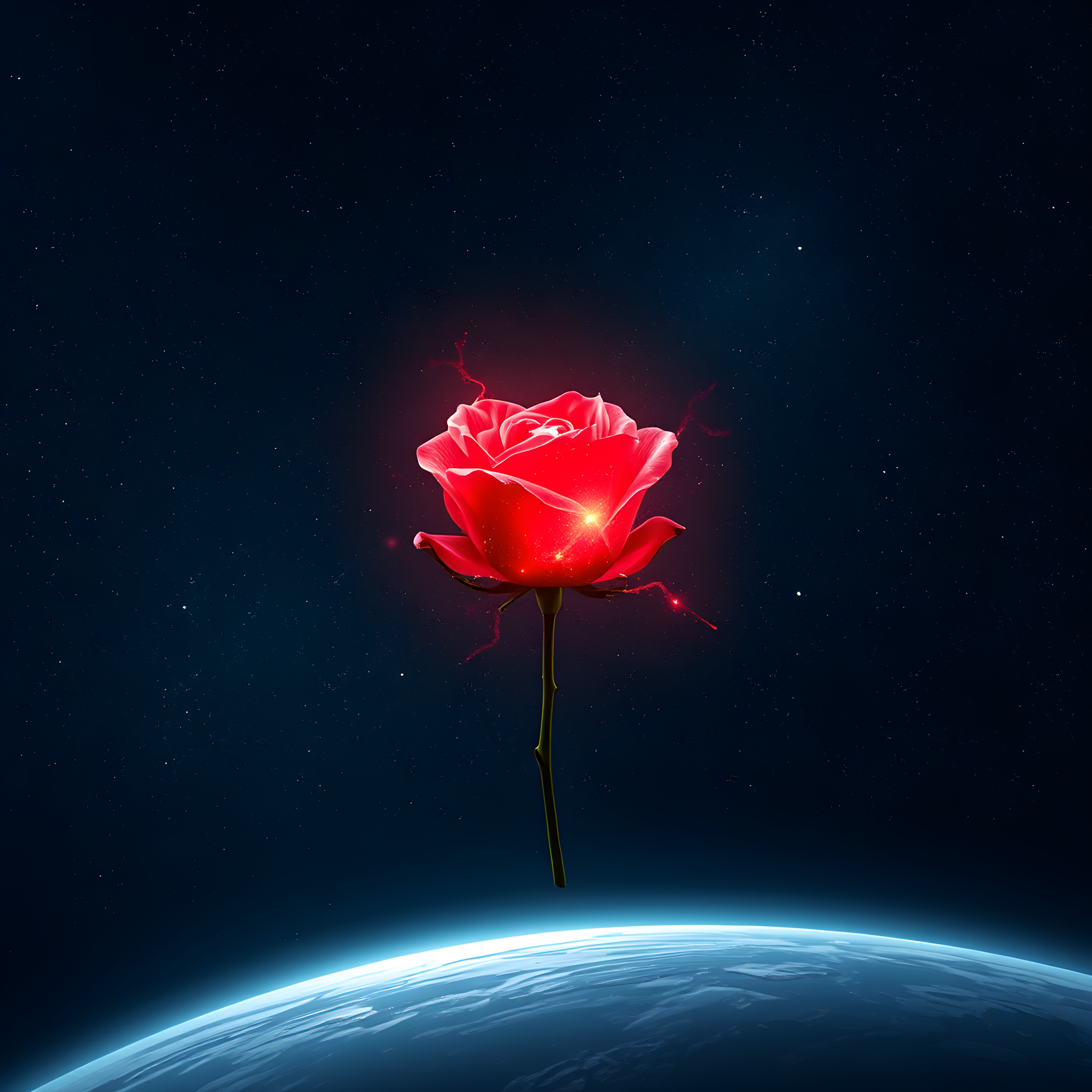 A luminous digital rose floating above Earth