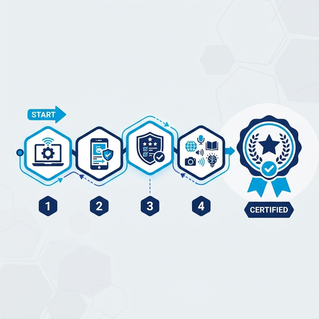 Illustration eines modularen Digital- und Medienführerscheins mit Laptop, Smartphone und Checkliste
