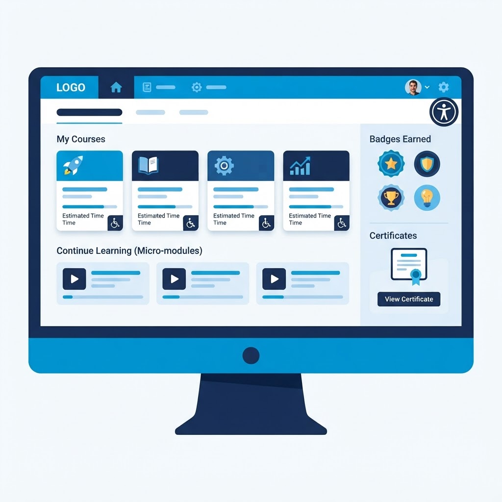 Illustration einer barrierefreien Online-Akademie mit Lernmodulen, Badges und Zertifikat