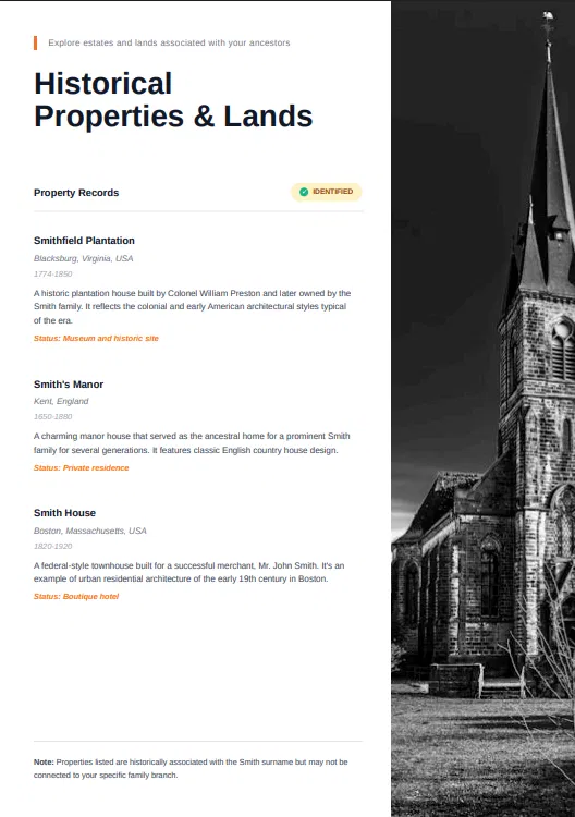 Sample report page: Properties & lands