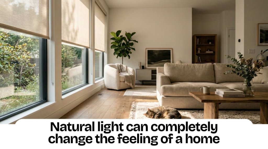 Roller shades creating balanced natural light in a bright Charlotte living space
