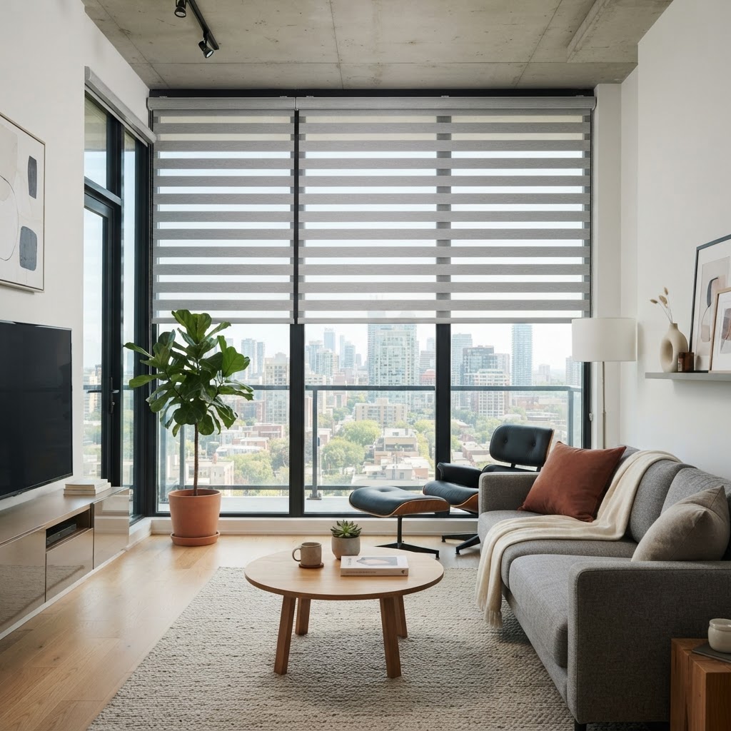 Motorized zebra shades providing privacy in a South End Charlotte condo