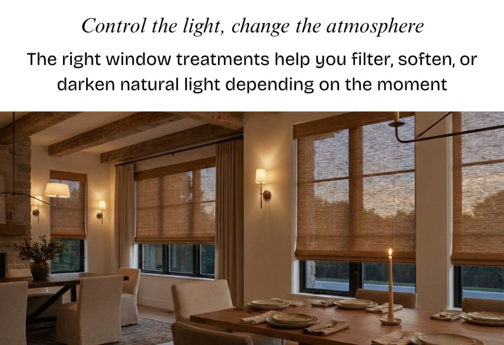 Woven wood smart shades filtering and softening natural light in a dining room