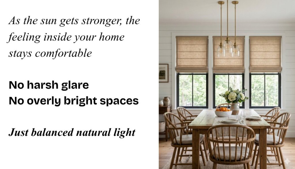 Roman shades reducing harsh glare in a sunny Charlotte dining room