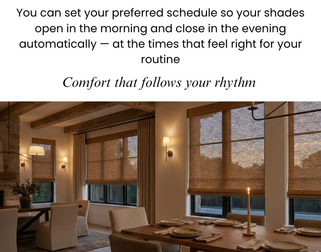 Smart motorized shades in a Charlotte dining room set to a preferred schedule