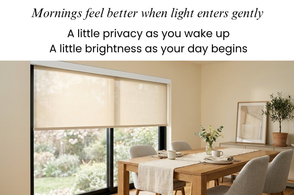 Roller shades gently filtering morning light in a Charlotte breakfast nook