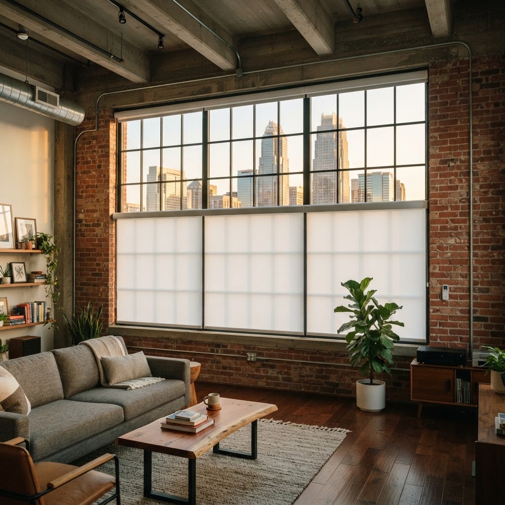 Motorized roller shades on 12-foot industrial windows in a South End Charlotte loft