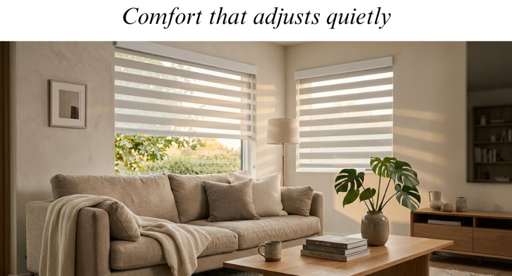 Zebra shades providing soft, balanced light and privacy in a Charlotte living room