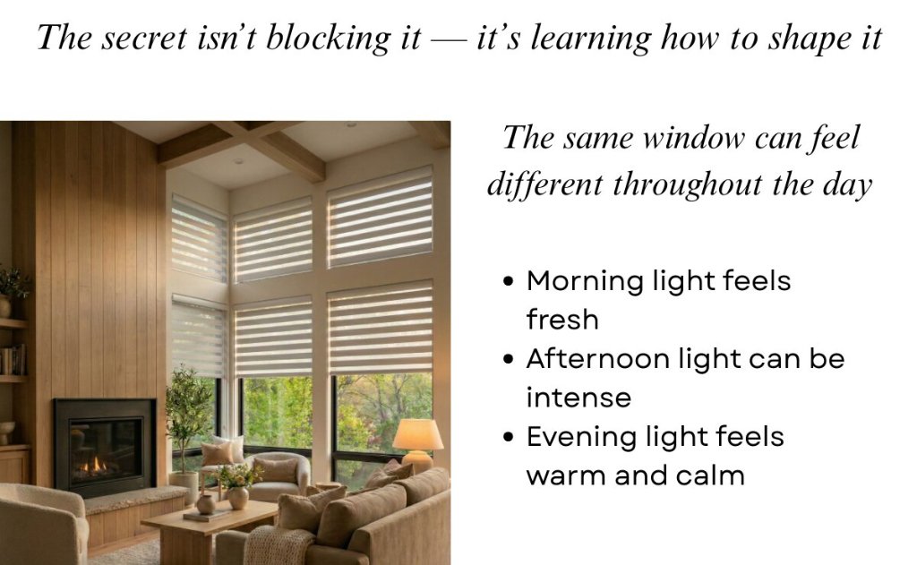 Zebra shades adjusting light intensity throughout the day in a Charlotte great room