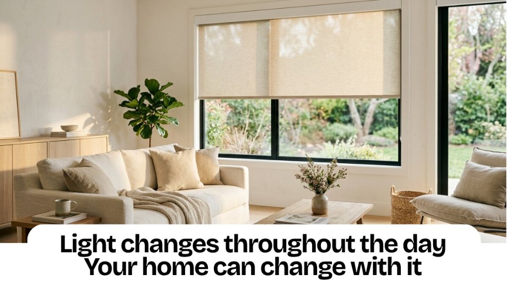 Motorized roller shades adjusting throughout the day in a bright Charlotte living room