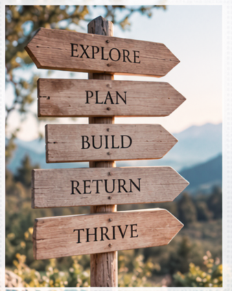 Wooden signposts against a mountain landscape reading Explore, Plan, Build, Return, and Thrive.