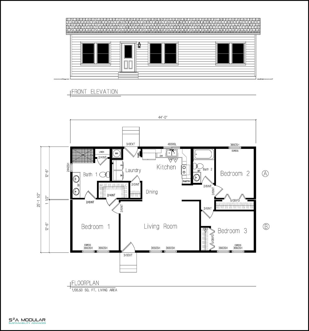 Builder Series 12 floor plan — 3 Bedroom, 1105 sq ft