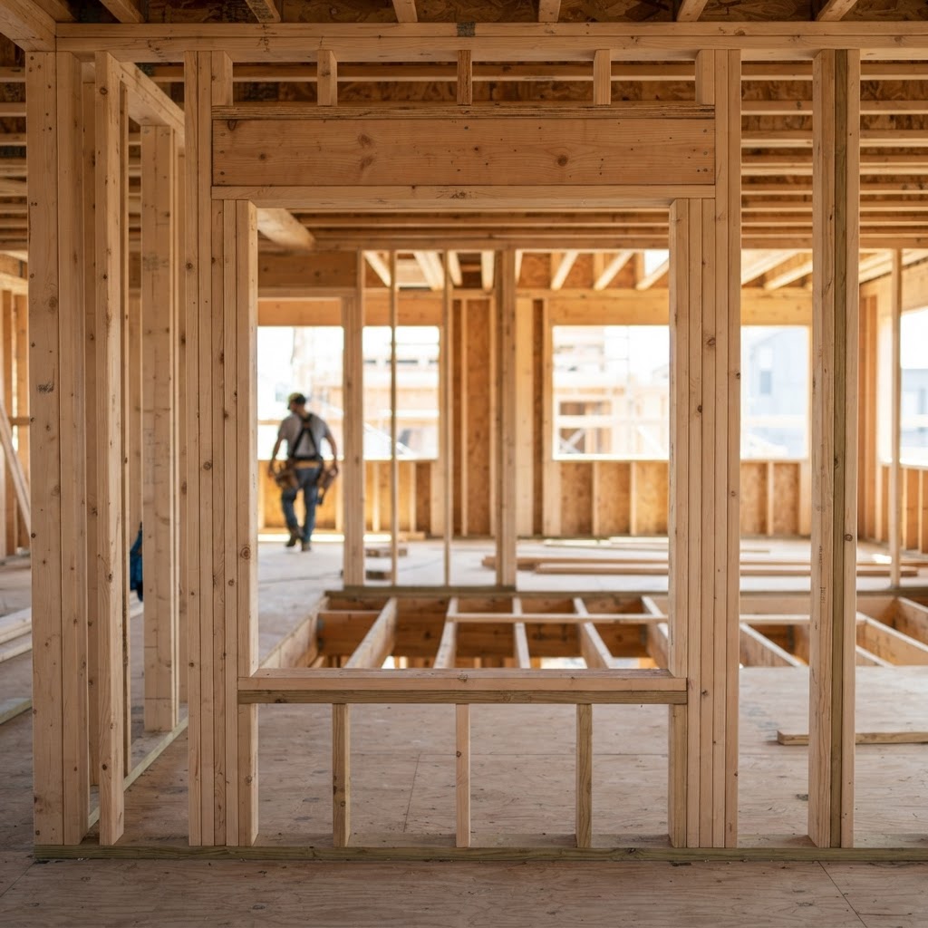 Wall framing with a doubled wood header above a window opening