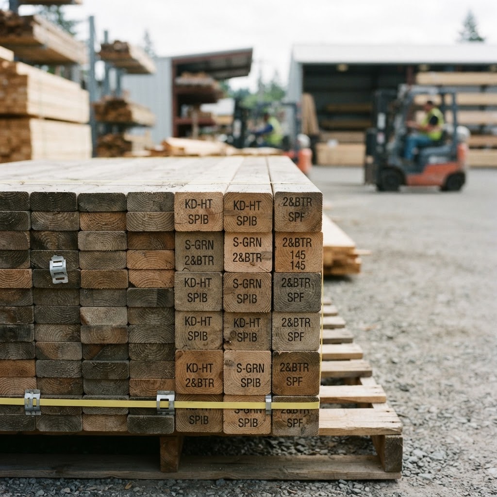 Stack of kiln-dried 2x4 framing studs at a lumberyard