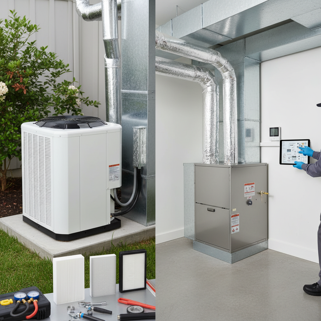 Modern HVAC system with outdoor condenser unit and indoor furnace