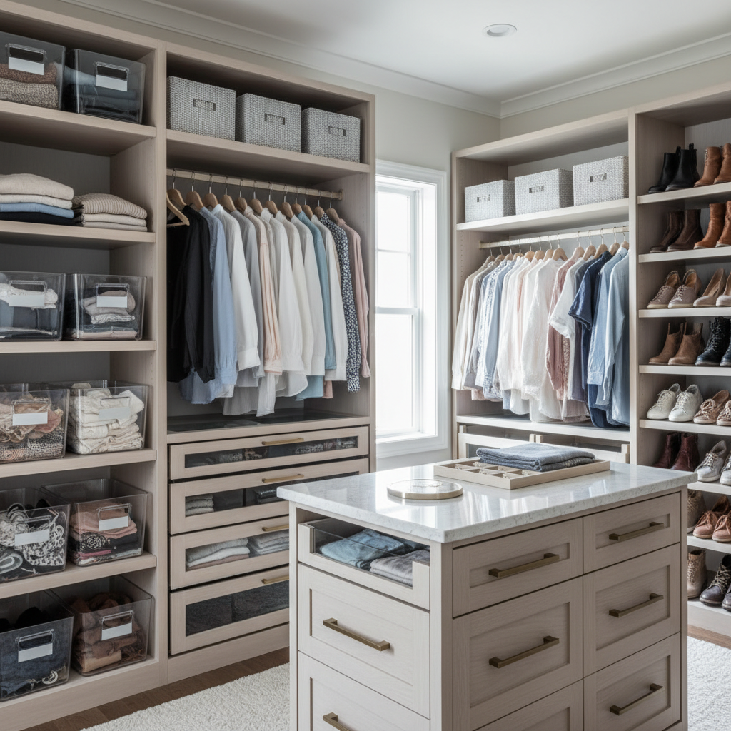 Well-organized walk-in closet with custom shelving and hanging storage