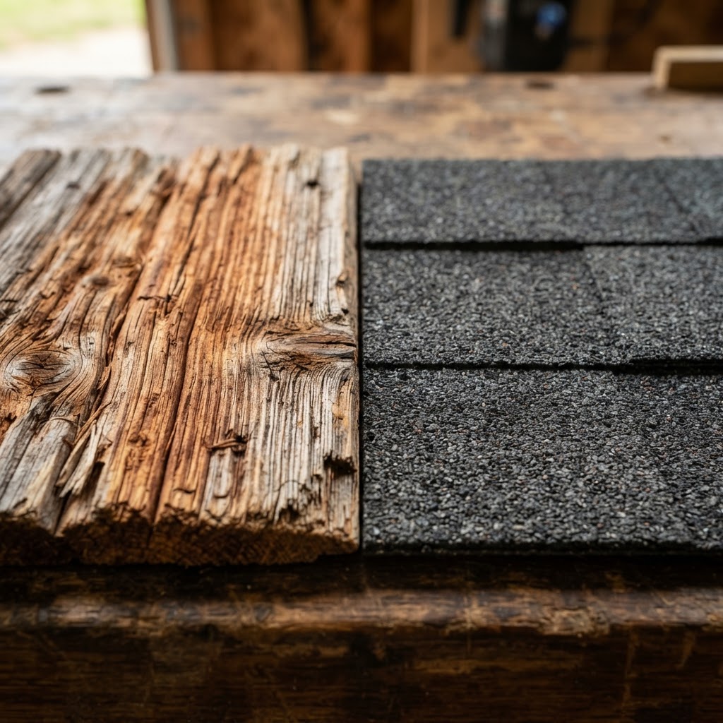 Cedar Shake vs Asphalt Shingle wood grain comparison