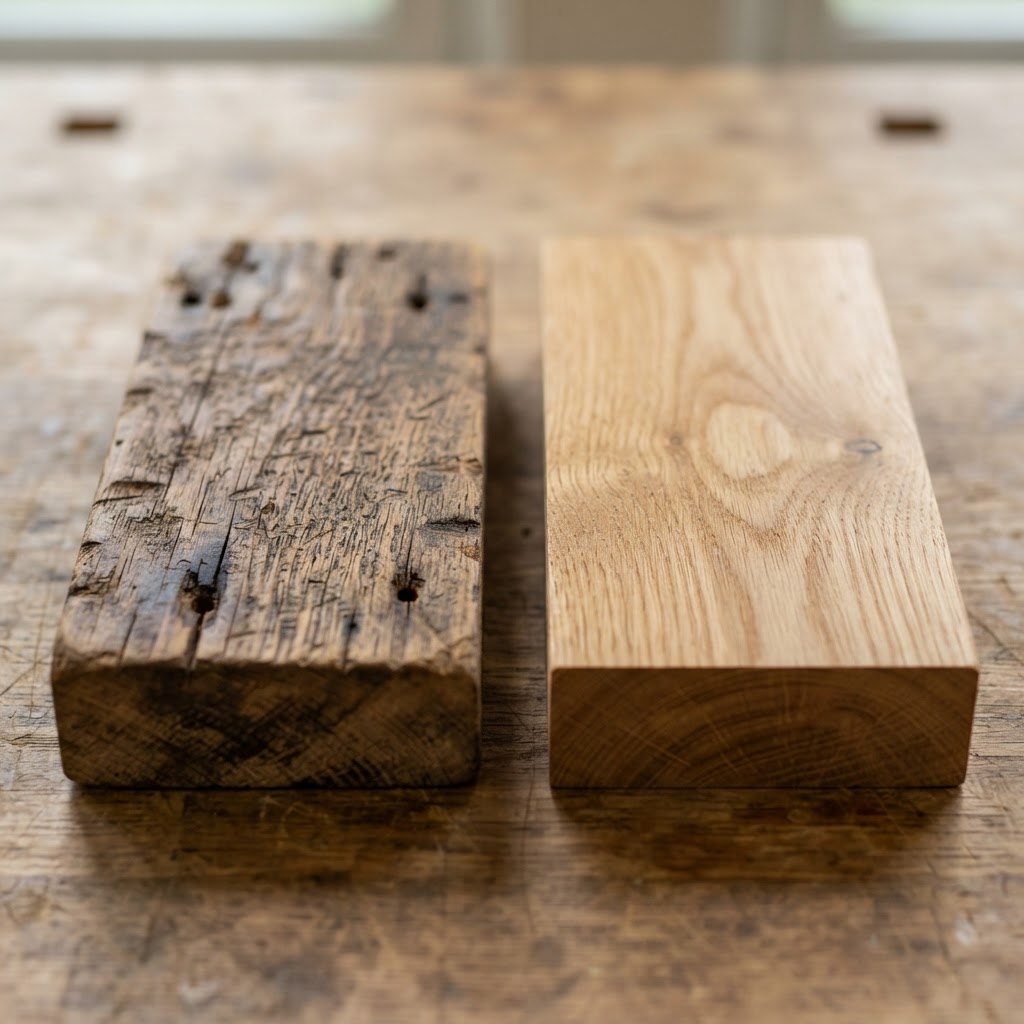 Reclaimed Hardwood vs New Growth Hardwood wood grain comparison