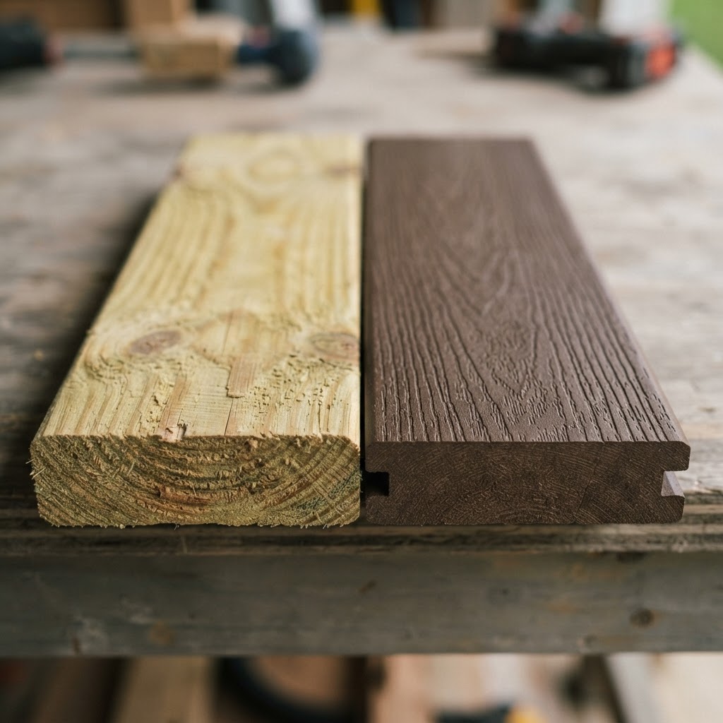 Pressure-Treated Pine vs Composite Decking wood grain comparison