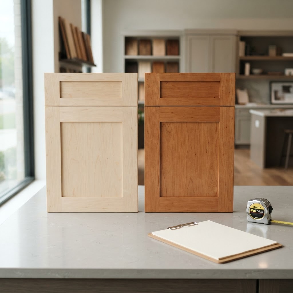 AI-generated illustration of pale maple-style and warm cherry-style cabinet door samples on a workbench