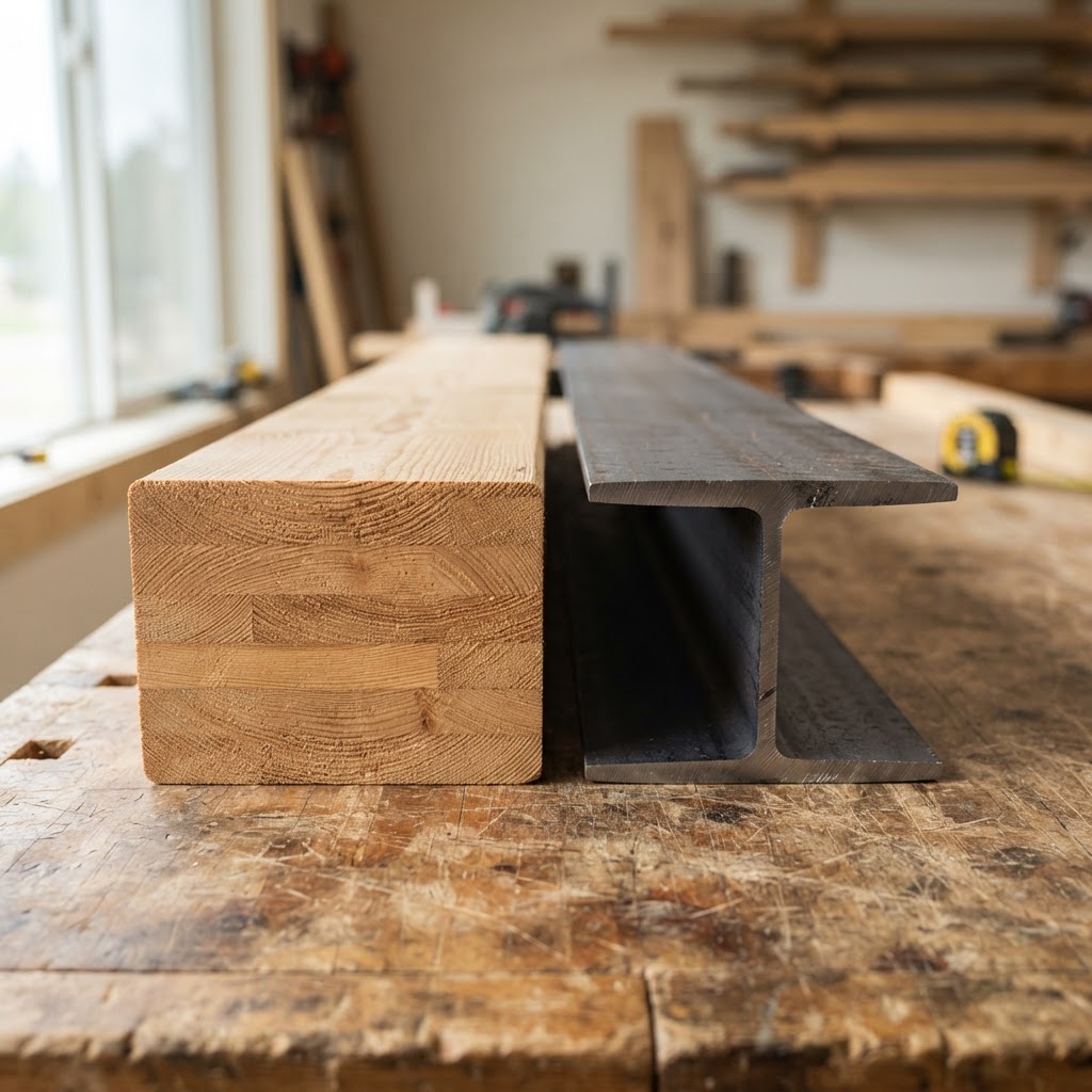 Glulam vs Steel I-Beam wood grain comparison