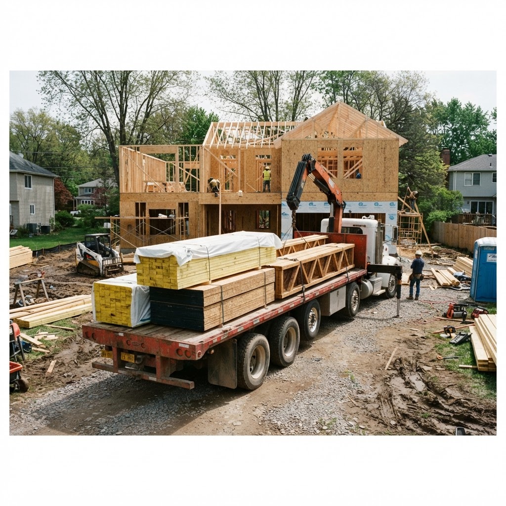 Lumber package delivered to a residential construction site