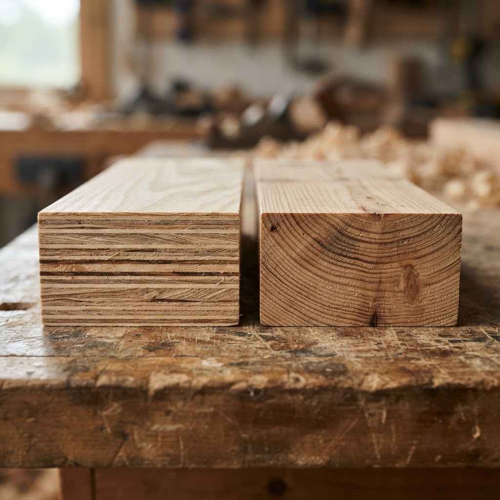 LVL (Laminated Veneer Lumber) vs Solid Lumber wood grain comparison