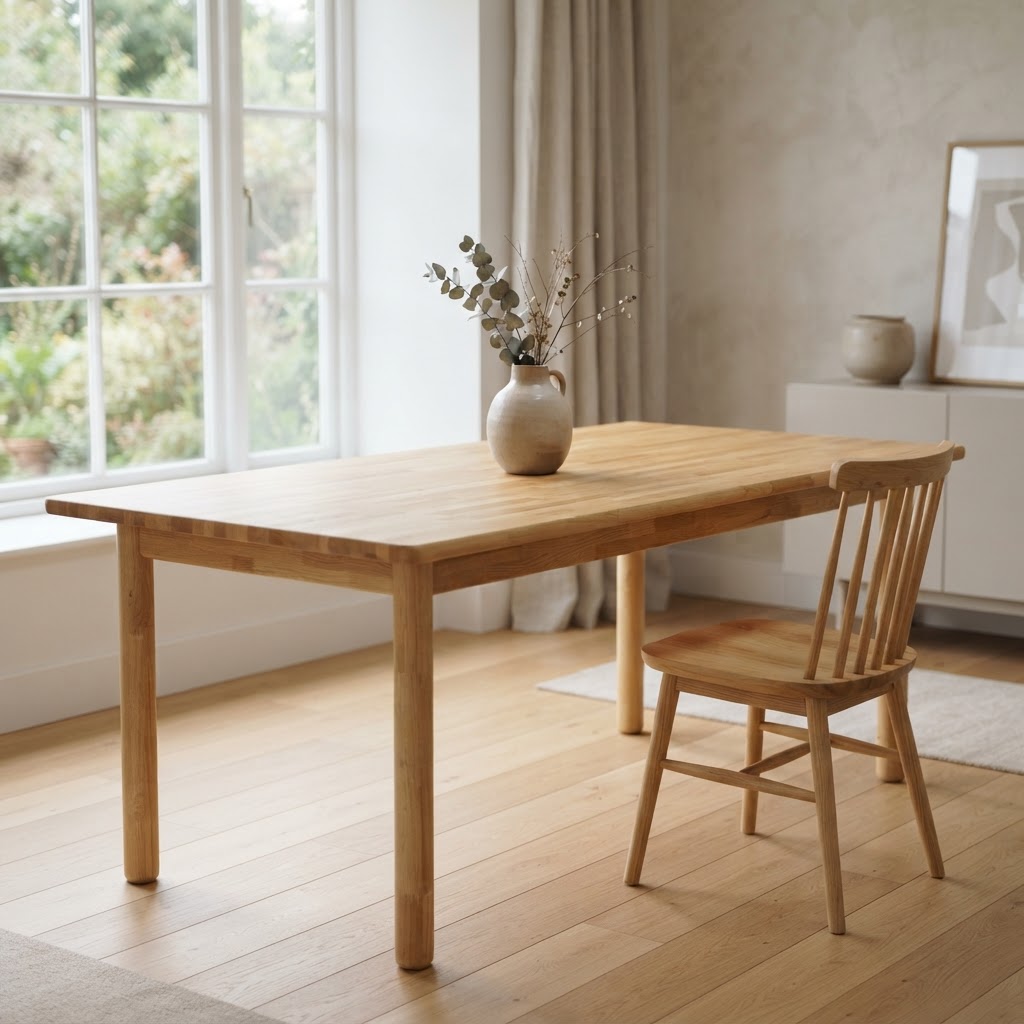 AI-generated illustration of a light laminated rubberwood-style dining table in a bright room