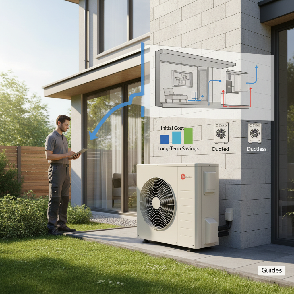 Modern air-source heat pump outdoor unit installed next to house