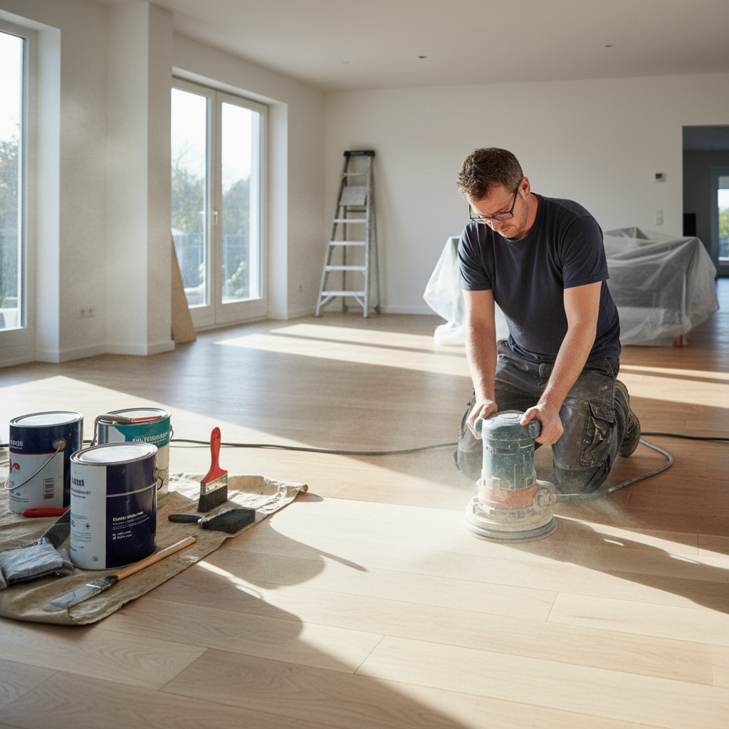 Hardwood floor being sanded and refinished showing before and after