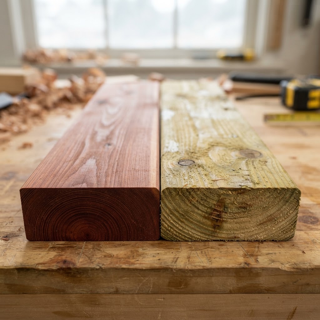 Redwood vs Pressure-Treated Pine wood grain comparison