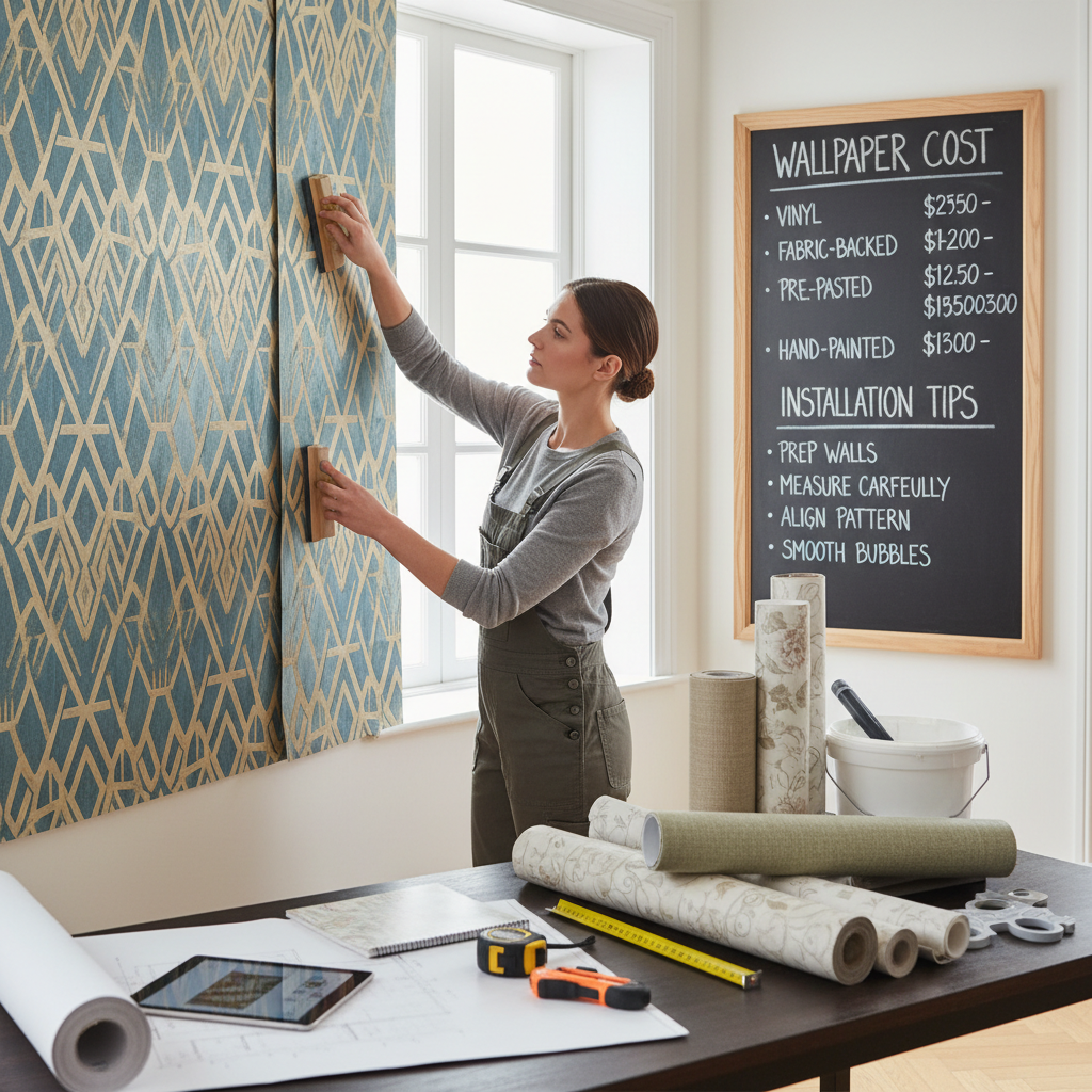 Stylish wallpapered accent wall with geometric pattern in modern room