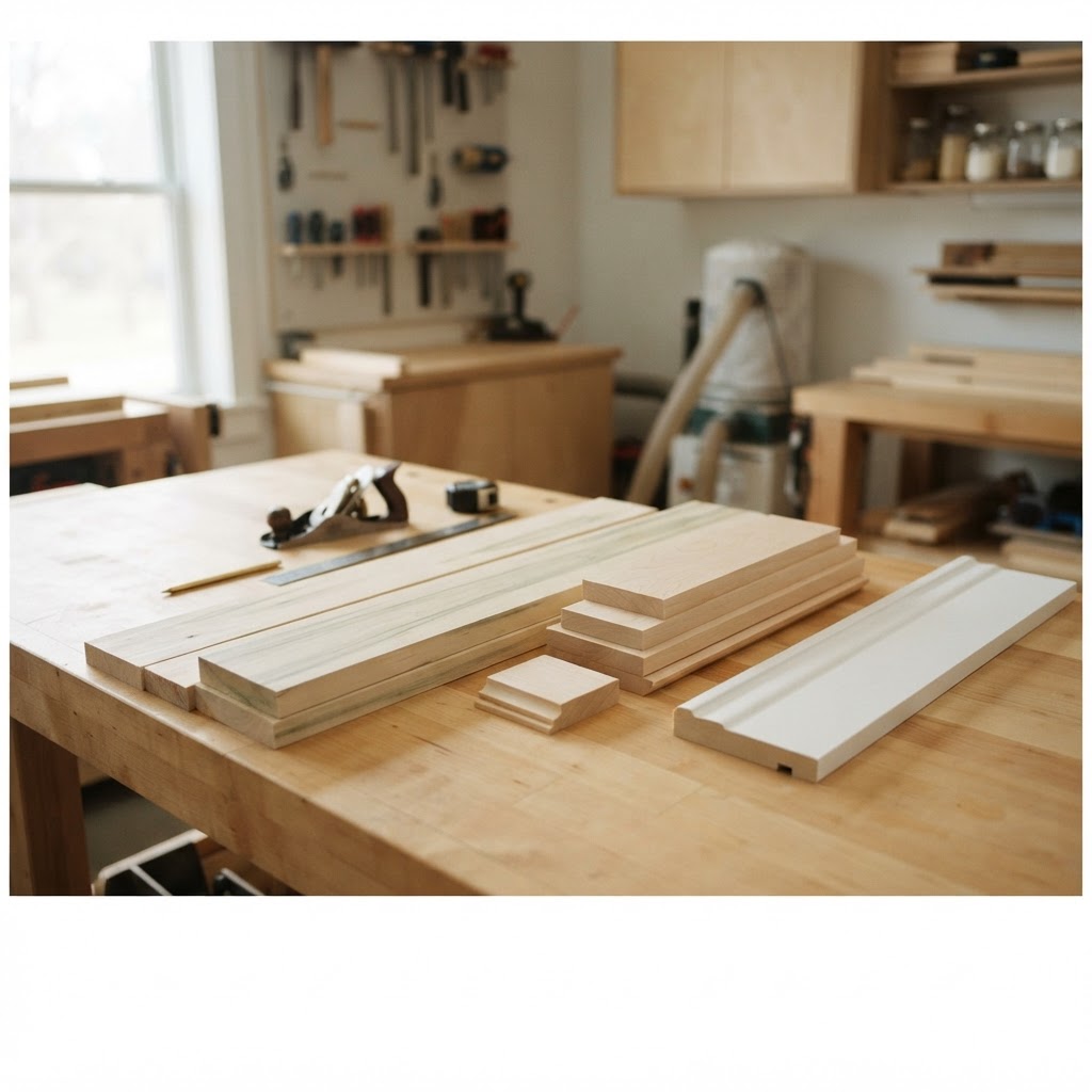 AI-generated illustration of poplar-style boards, maple-style offcuts and a white-painted molding sample