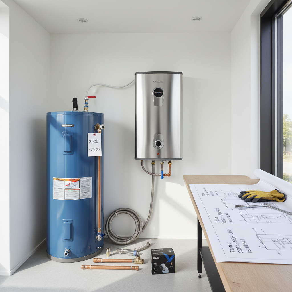 Modern tankless water heater installed on utility room wall