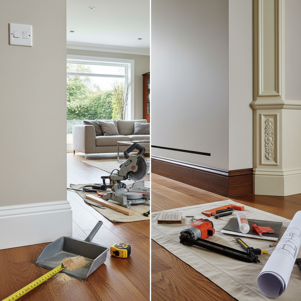White baseboard and trim molding installed in a modern room