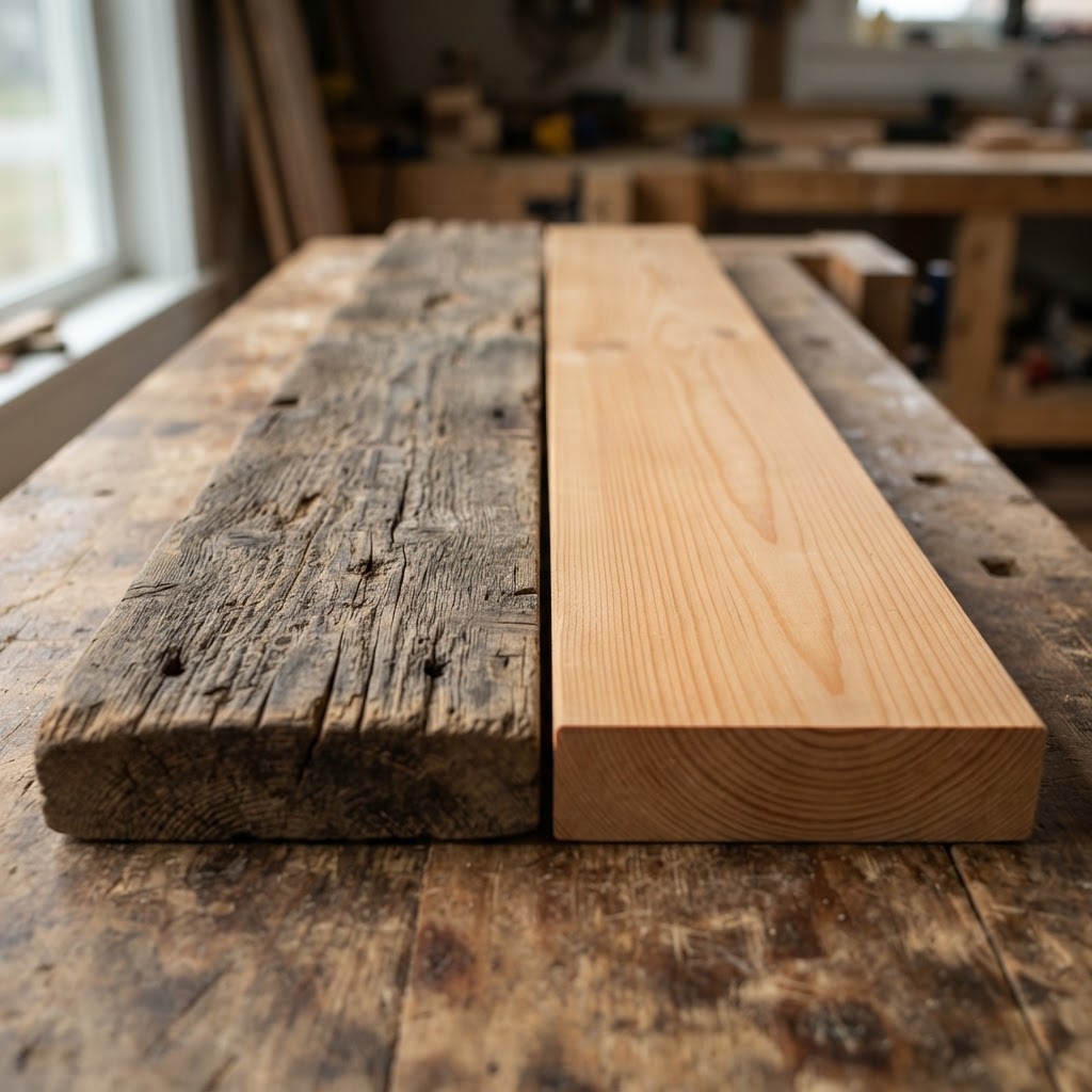 Reclaimed Wood vs New Wood wood grain comparison