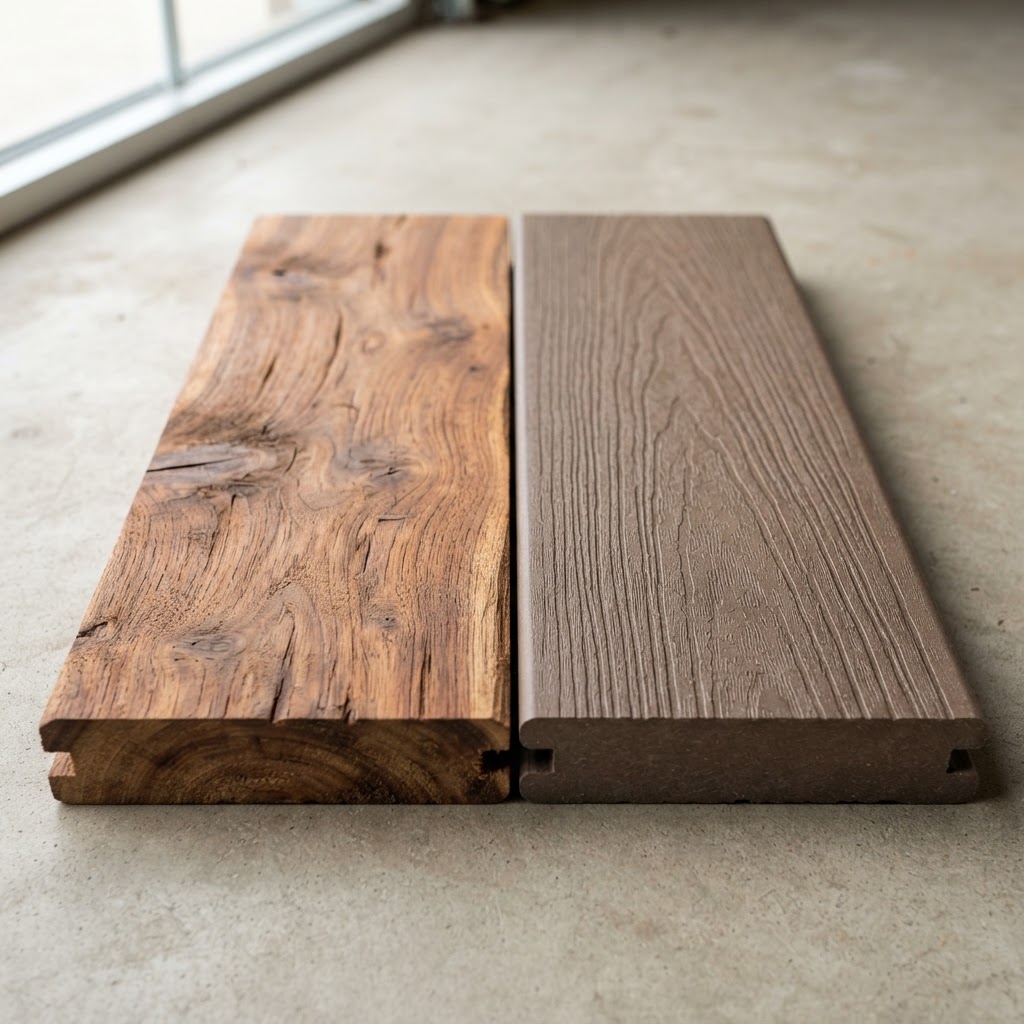 Composite Decking vs Natural Wood Decking wood grain comparison