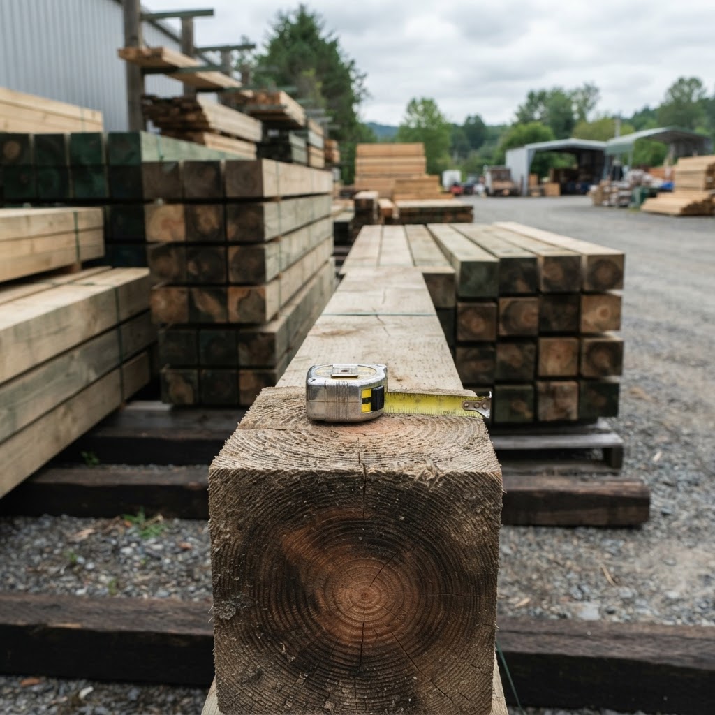 AI-generated illustration of square timber posts and a tape measure in a lumberyard