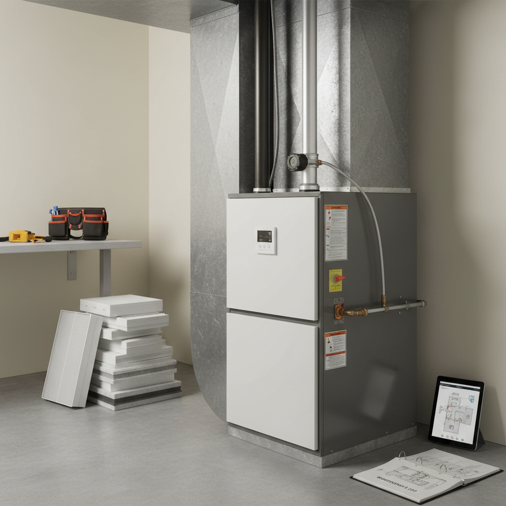 High-efficiency gas furnace installed in a clean utility room
