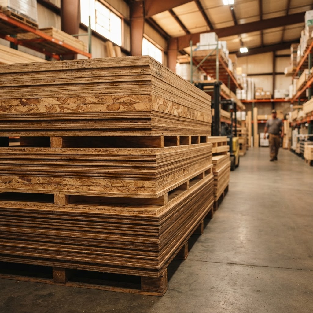 Stack of plywood and OSB sheets in a building supply warehouse