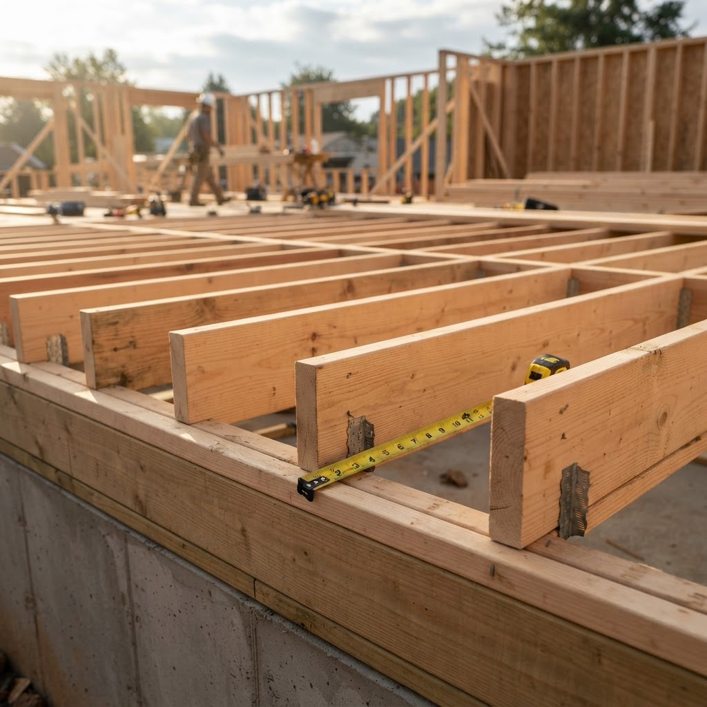 New floor framing with evenly spaced wood floor joists