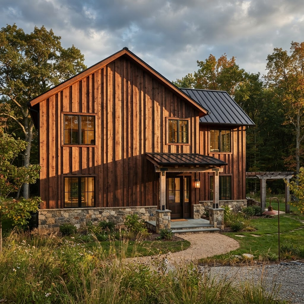 Rustic modern farmhouse with vertical hardwood channel siding and bold shadow lines