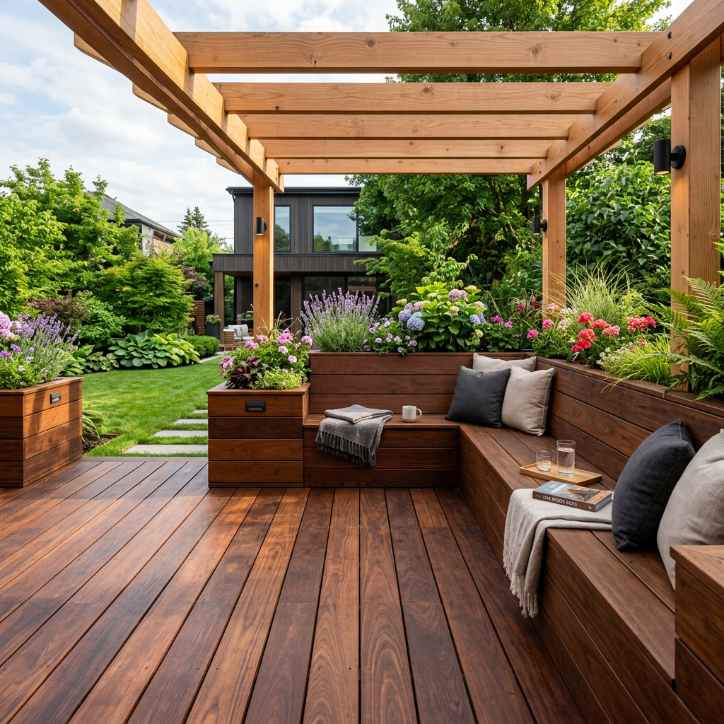 Built-In Deck Features: Benches, Planters, and Pergola Integration with Hardwood Decking