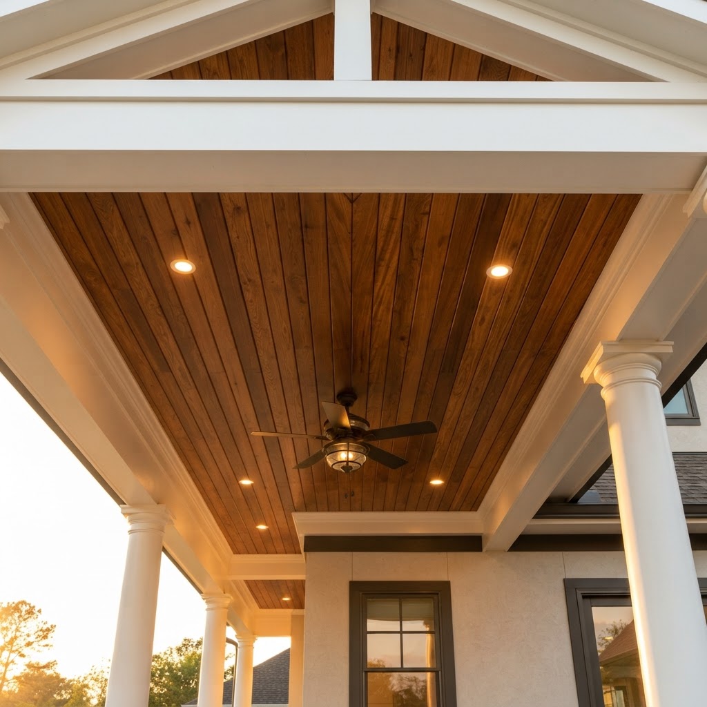 Covered porch ceiling finished in hardwood V-groove tongue and groove boards